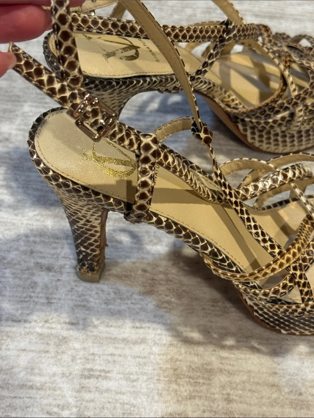 Women’s 7.5 Snake-Print Strappy Heels in Brown and Tan with platform